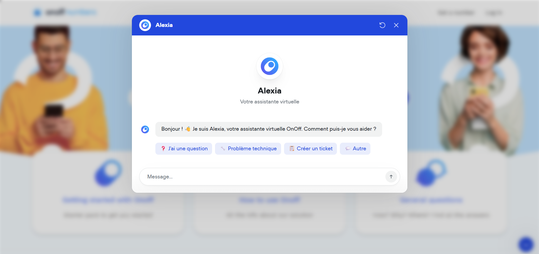 Agent de support virtuel intégré sur le centre d'aide Onoff