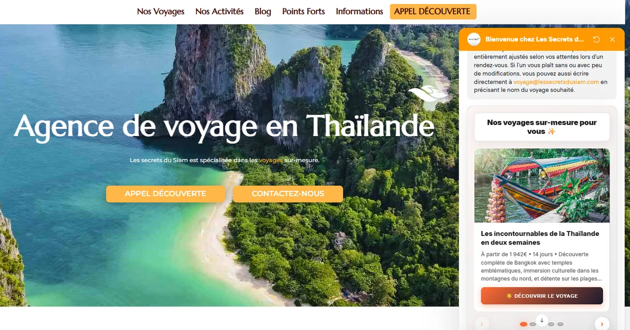 Agent conversationnel sur le site Les Secrets du Siam